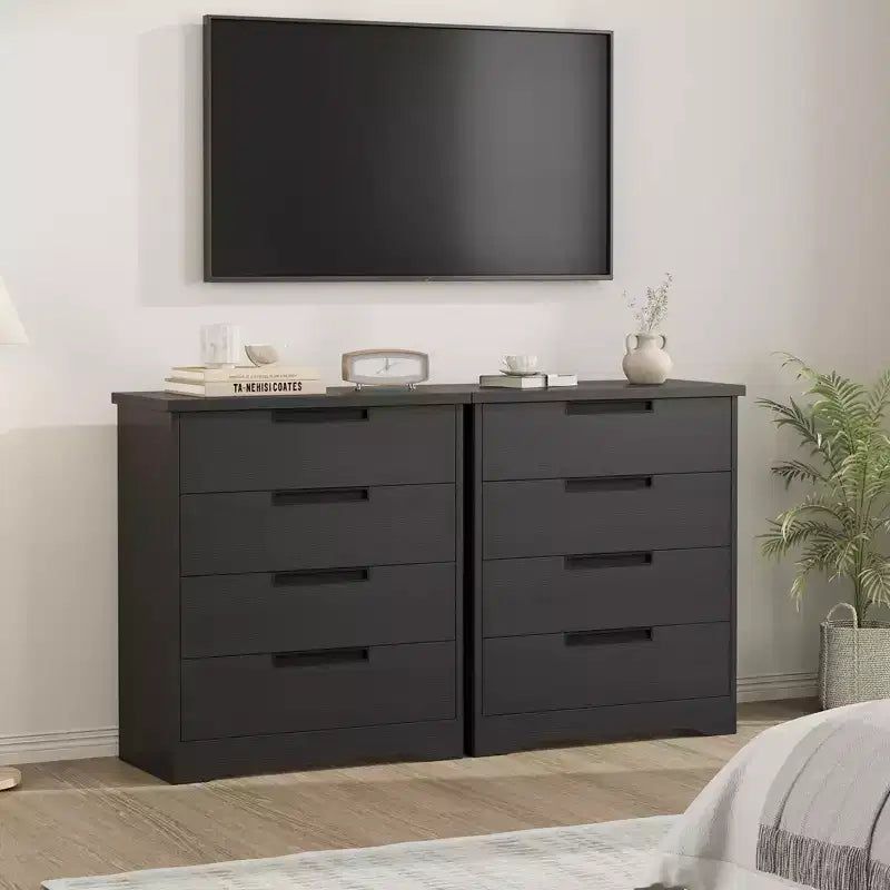 Kommode mit 4 Schubladen fürs Schlafzimmer, Organizer aus Holz fürs Wohnzimmer, Schwarz