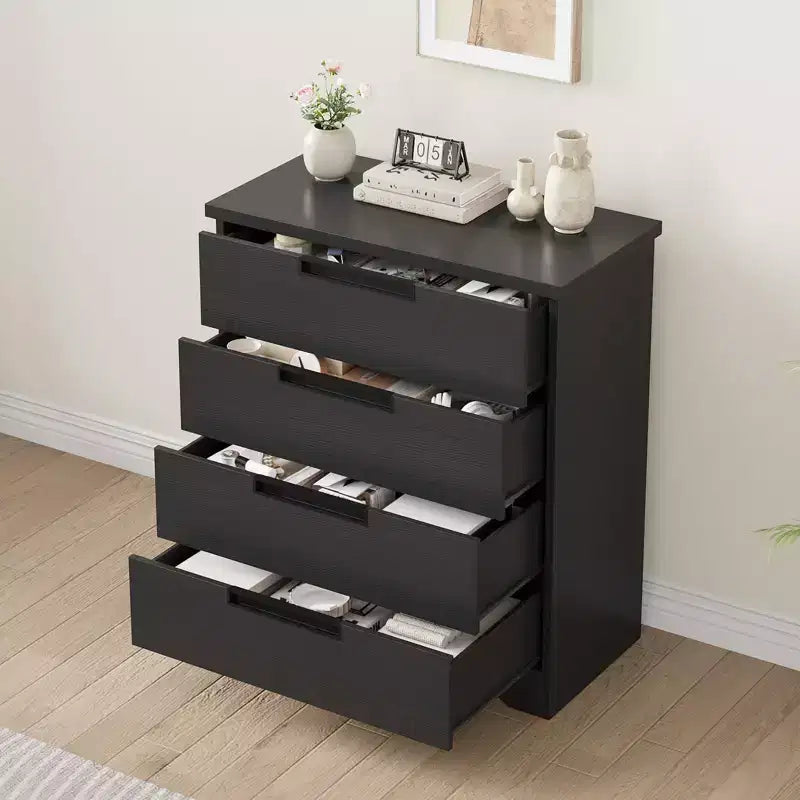 Kommode mit 4 Schubladen fürs Schlafzimmer, Organizer aus Holz fürs Wohnzimmer, Schwarz