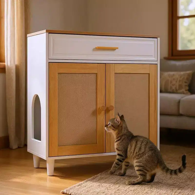 Armoire de rangement moderne avec griffoir pour chat, armoire de cuisine avec tiroirs de rangement, table d’appoint pour le salon et le couloir, blanc
