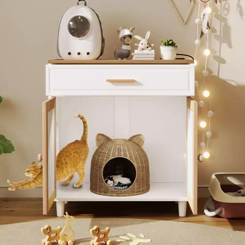 Armoire de rangement moderne avec griffoir pour chat, armoire de cuisine avec tiroirs de rangement, table d’appoint pour le salon et le couloir, blanc