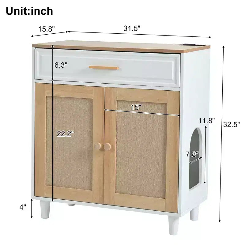 Armoire de rangement moderne avec griffoir pour chat, armoire de cuisine avec tiroirs de rangement, table d’appoint pour le salon et le couloir, blanc