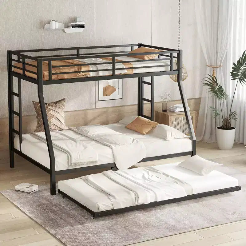 Litera metálica con cama individual arriba y cama doble abajo, con cama nido individual, negra