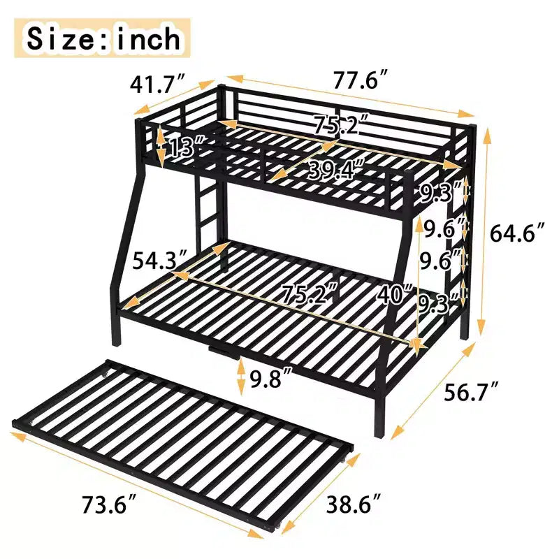 Twin over Full Metal Bunk Bed with Twin Size Trundle Black