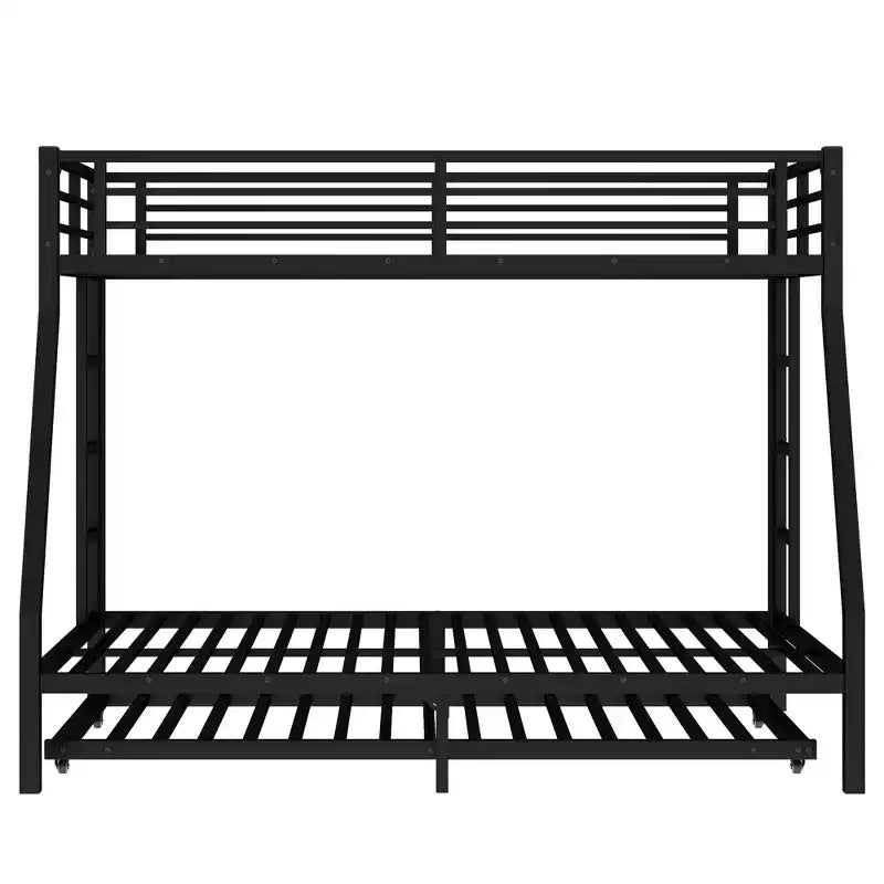 Litera metálica con cama individual arriba y cama doble abajo, con cama nido individual, negra