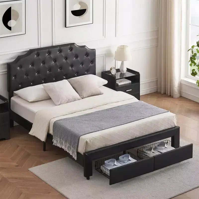 Estructura de cama tamaño queen con 2 cajones de almacenamiento y cabecero, cama de plataforma tapizada en cuero PU con capitoné de botones