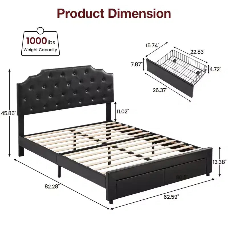Estructura de cama tamaño queen con 2 cajones de almacenamiento y cabecero, cama de plataforma tapizada en cuero PU con capitoné de botones