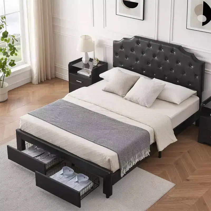 Estructura de cama tamaño queen con 2 cajones de almacenamiento y cabecero, cama de plataforma tapizada en cuero PU con capitoné de botones