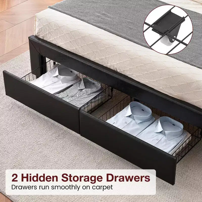 Estructura de cama tamaño queen con 2 cajones de almacenamiento y cabecero, cama de plataforma tapizada en cuero PU con capitoné de botones
