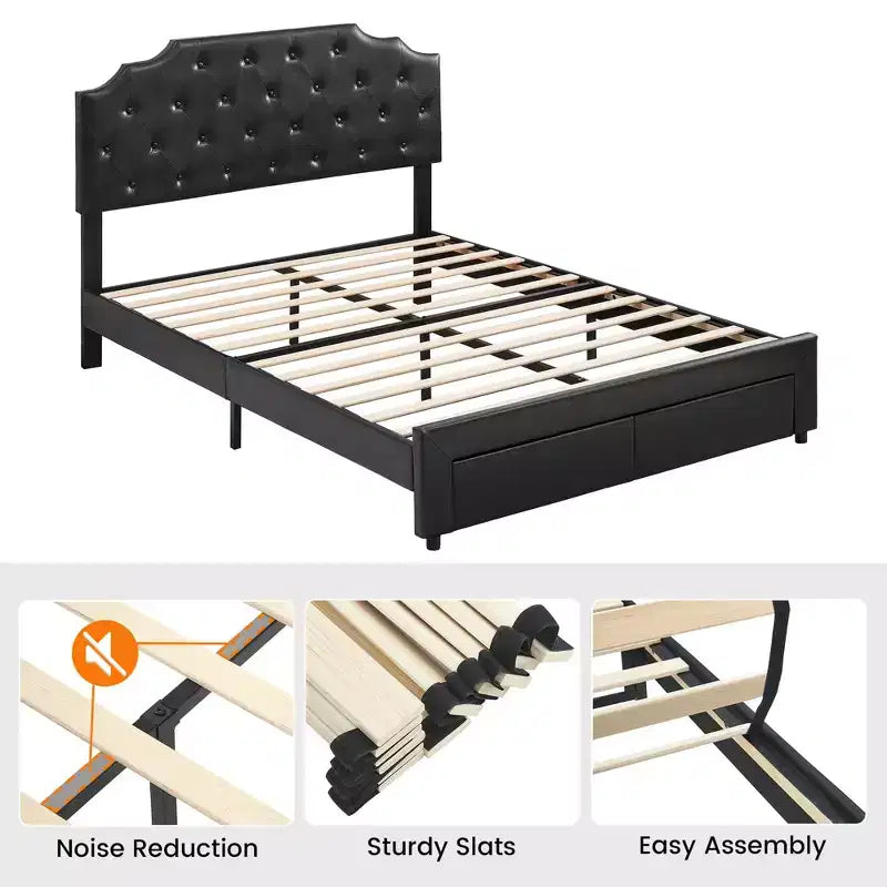 Estructura de cama tamaño queen con 2 cajones de almacenamiento y cabecero, cama de plataforma tapizada en cuero PU con capitoné de botones