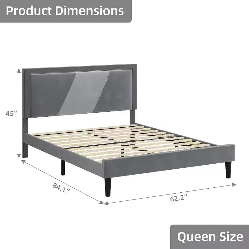 Gepolsterter Bettrahmen in Queen-Size mit Ohrensessel-Kopfteil, luxuriösem Samtbezug und Holzlattenrost, einfacher Aufbau, Lattenrost optional, Grau