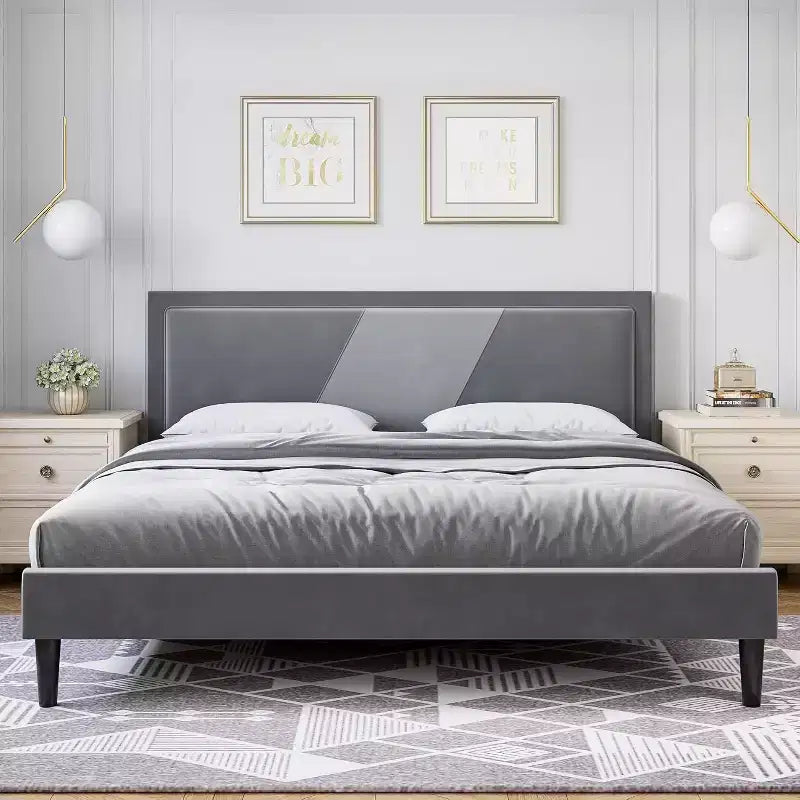 Gepolsterter Bettrahmen in Queen-Size mit Ohrensessel-Kopfteil, luxuriösem Samtbezug und Holzlattenrost, einfacher Aufbau, Lattenrost optional, Grau