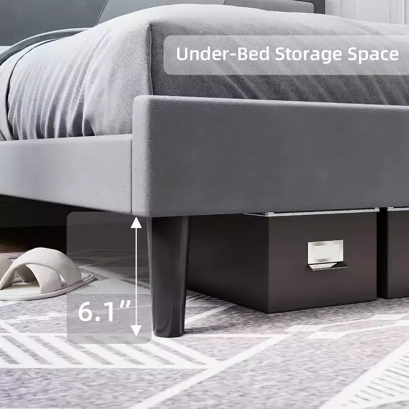 Gepolsterter Bettrahmen in Queen-Size mit Ohrensessel-Kopfteil, luxuriösem Samtbezug und Holzlattenrost, einfacher Aufbau, Lattenrost optional, Grau