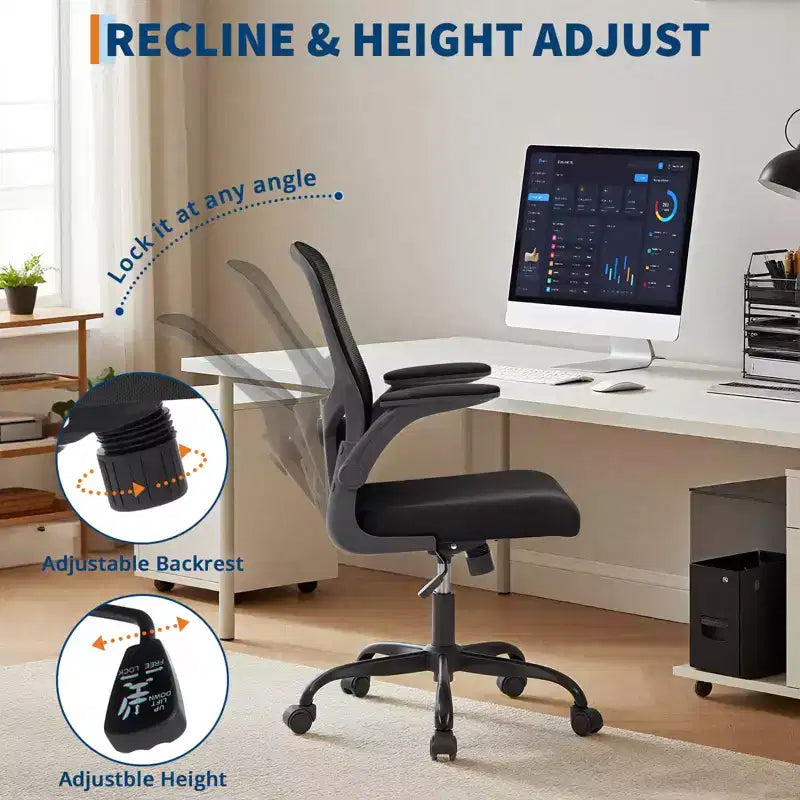 Silla de oficina de malla con soporte lumbar ajustable, reposabrazos abatibles, silla de trabajo con ruedas, cómoda silla para computadora
