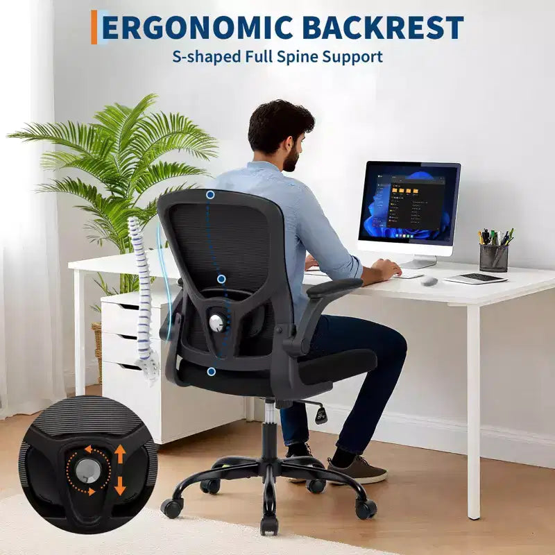 Silla de oficina de malla con soporte lumbar ajustable, reposabrazos abatibles, silla de trabajo con ruedas, cómoda silla para computadora