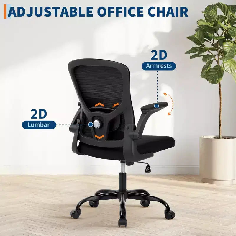Silla de oficina de malla con soporte lumbar ajustable, reposabrazos abatibles, silla de trabajo con ruedas, cómoda silla para computadora