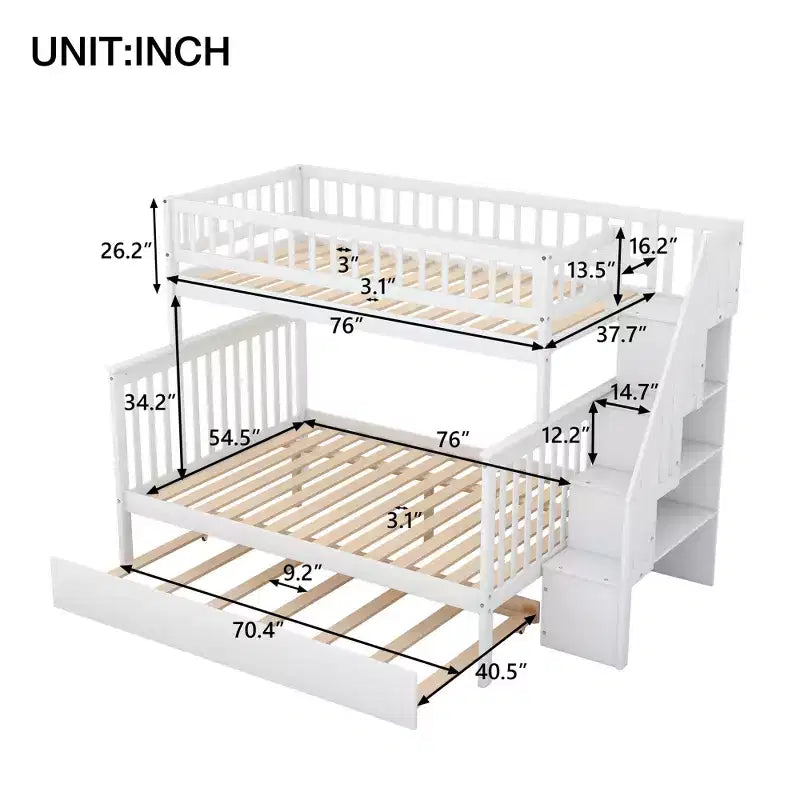 Etagenbett mit zwei Einzelbetten, ausziehbarem Bett und Treppe mit Stauraum, Etagenbett aus Massivholz für Kinder, Jugendliche und Erwachsene