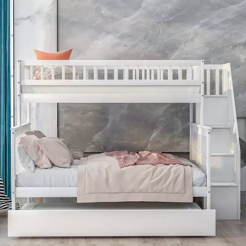 Etagenbett mit zwei Einzelbetten, ausziehbarem Bett und Treppe mit Stauraum, Etagenbett aus Massivholz für Kinder, Jugendliche und Erwachsene