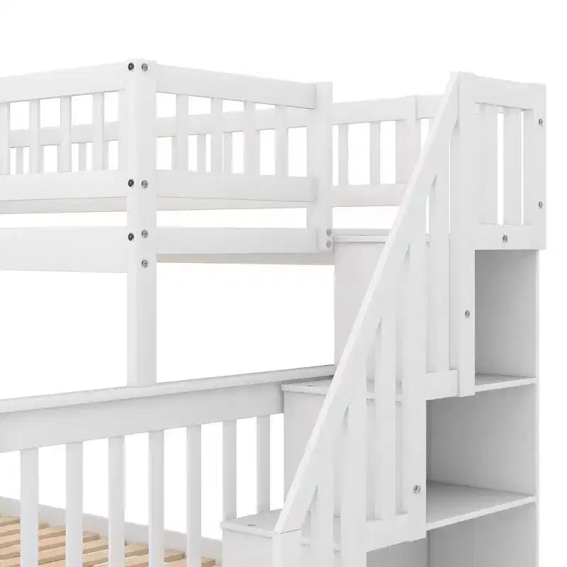 Etagenbett mit zwei Einzelbetten, ausziehbarem Bett und Treppe mit Stauraum, Etagenbett aus Massivholz für Kinder, Jugendliche und Erwachsene