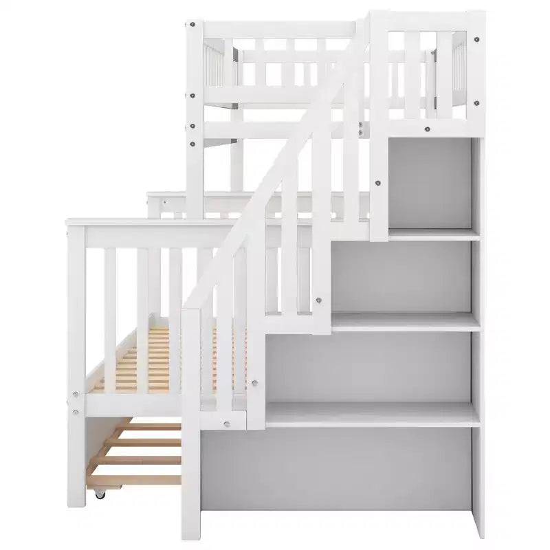 Etagenbett mit zwei Einzelbetten, ausziehbarem Bett und Treppe mit Stauraum, Etagenbett aus Massivholz für Kinder, Jugendliche und Erwachsene