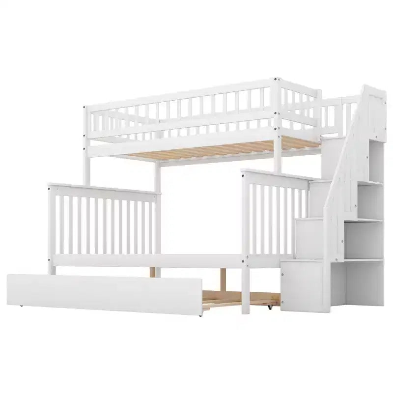 Etagenbett mit zwei Einzelbetten, ausziehbarem Bett und Treppe mit Stauraum, Etagenbett aus Massivholz für Kinder, Jugendliche und Erwachsene