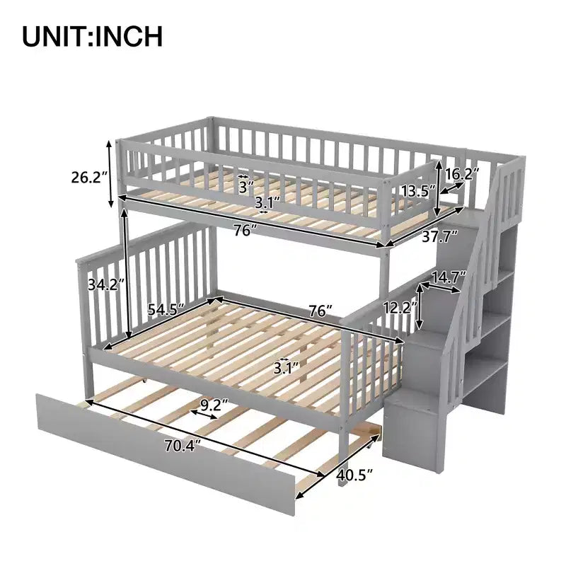 Etagenbett mit zwei Einzelbetten, ausziehbarem Bett und Treppe mit Stauraum, Etagenbett aus Massivholz für Kinder, Jugendliche und Erwachsene