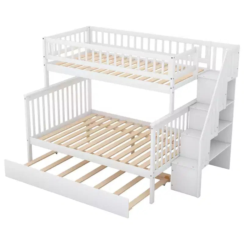 Etagenbett mit zwei Einzelbetten, ausziehbarem Bett und Treppe mit Stauraum, Etagenbett aus Massivholz für Kinder, Jugendliche und Erwachsene