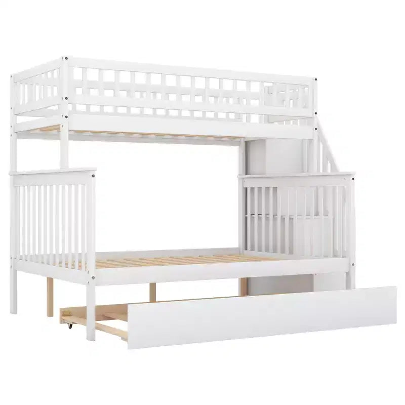 Etagenbett mit zwei Einzelbetten, ausziehbarem Bett und Treppe mit Stauraum, Etagenbett aus Massivholz für Kinder, Jugendliche und Erwachsene
