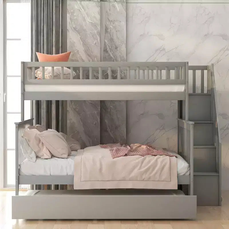 Etagenbett mit zwei Einzelbetten, ausziehbarem Bett und Treppe mit Stauraum, Etagenbett aus Massivholz für Kinder, Jugendliche und Erwachsene