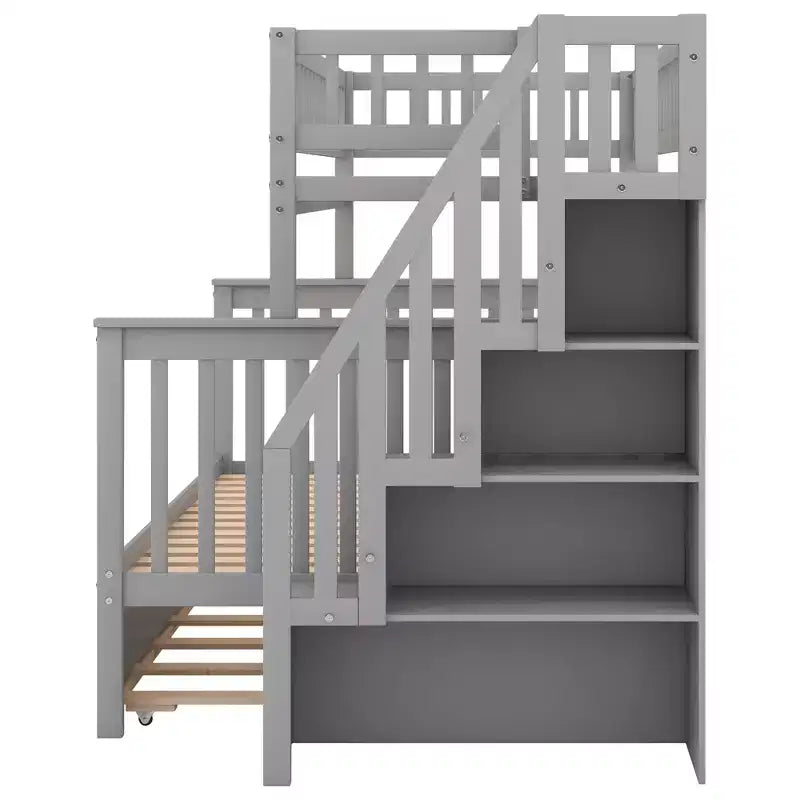 Etagenbett mit zwei Einzelbetten, ausziehbarem Bett und Treppe mit Stauraum, Etagenbett aus Massivholz für Kinder, Jugendliche und Erwachsene