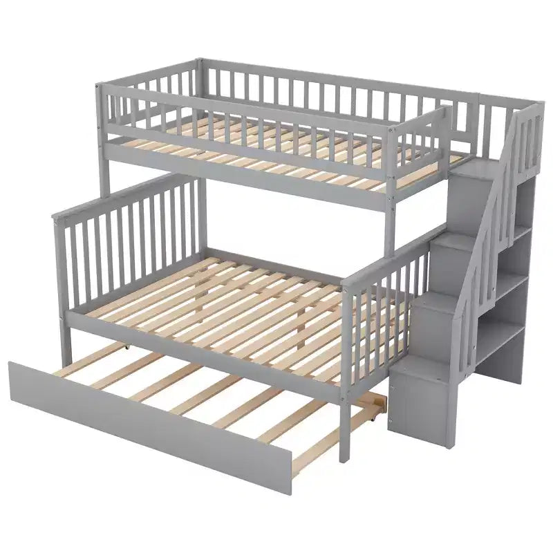 Etagenbett mit zwei Einzelbetten, ausziehbarem Bett und Treppe mit Stauraum, Etagenbett aus Massivholz für Kinder, Jugendliche und Erwachsene