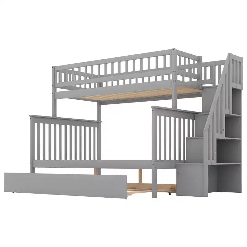 Etagenbett mit zwei Einzelbetten, ausziehbarem Bett und Treppe mit Stauraum, Etagenbett aus Massivholz für Kinder, Jugendliche und Erwachsene