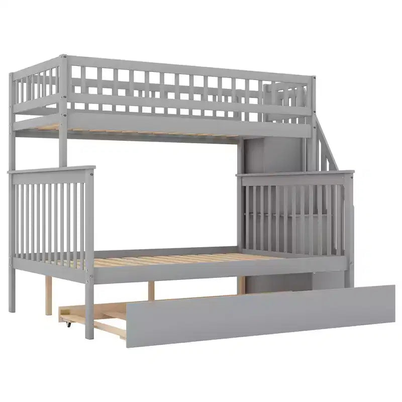 Etagenbett mit zwei Einzelbetten, ausziehbarem Bett und Treppe mit Stauraum, Etagenbett aus Massivholz für Kinder, Jugendliche und Erwachsene