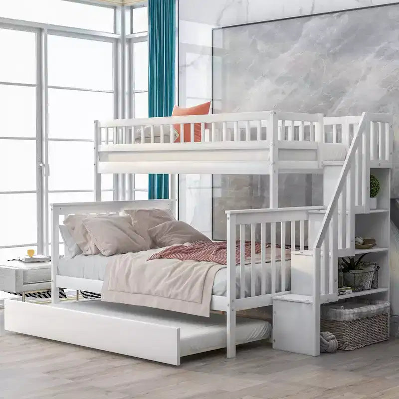 Litera con dos camas individuales, cama nido y escalera con almacenamiento, litera con escalera de madera maciza para niños, adolescentes y adultos