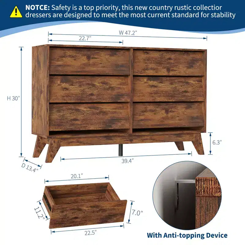 Vintage-Kommode mit 6 Schubladen und abgeschrägtem Design, TV-Schrank für Schlafzimmer, Wohnzimmer, Eingangsbereich und Ankleidezimmer