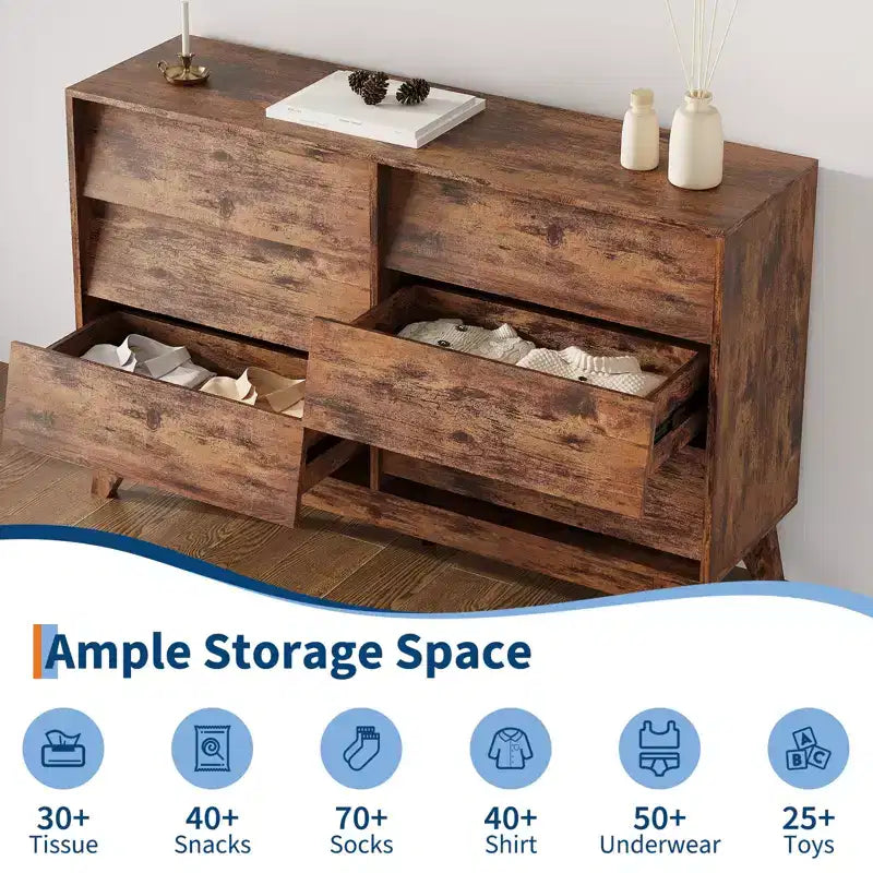 Vintage-Kommode mit 6 Schubladen und abgeschrägtem Design, TV-Schrank für Schlafzimmer, Wohnzimmer, Eingangsbereich und Ankleidezimmer