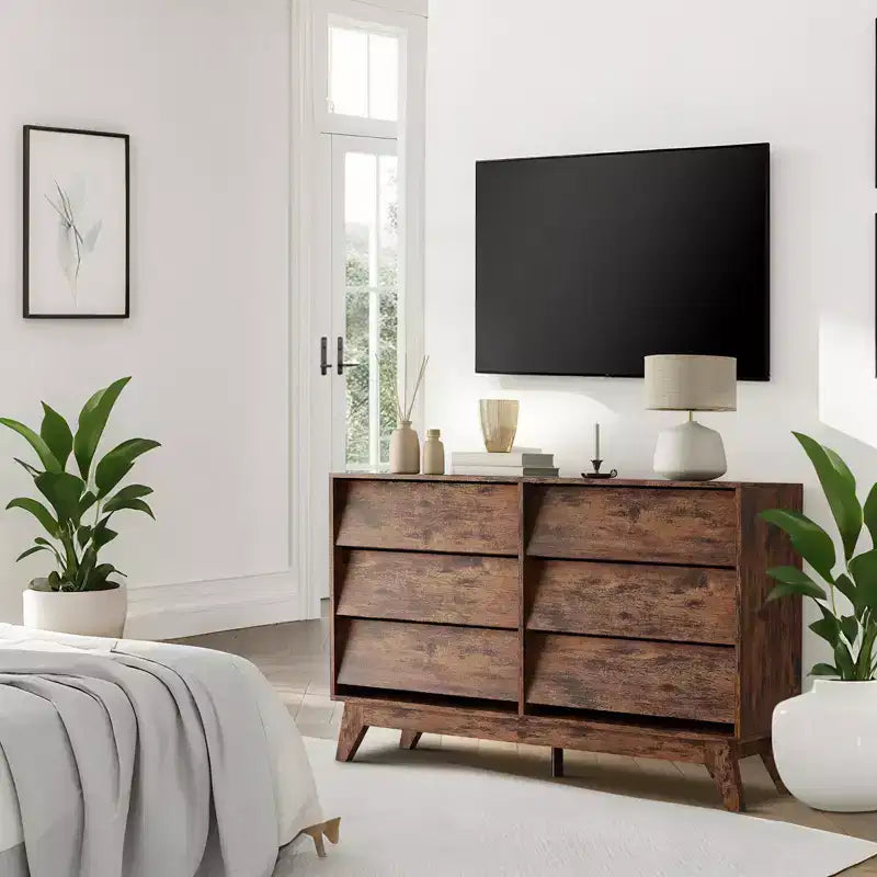 Cómoda vintage de 6 cajones con diseño biselado, mueble para TV para dormitorio, sala de estar, recibidor y armario