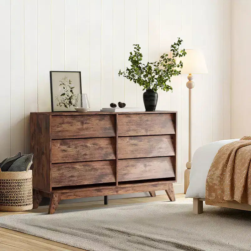 Cómoda vintage de 6 cajones con diseño biselado, mueble para TV para dormitorio, sala de estar, recibidor y armario