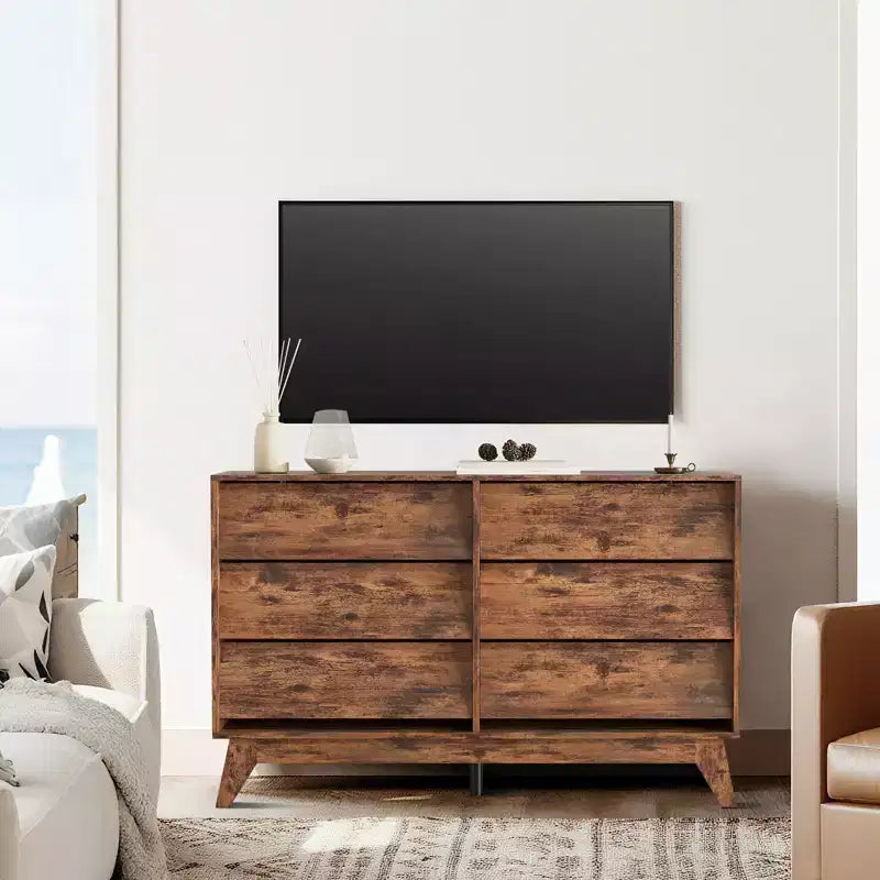 Cómoda vintage de 6 cajones con diseño biselado, mueble para TV para dormitorio, sala de estar, recibidor y armario