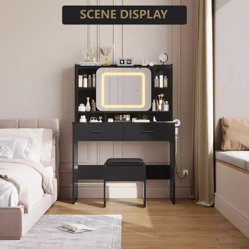 Schminktisch mit Schiebespiegel und Beleuchtung - Schminktisch mit Hocker, Ladestation, Schubladen und Regalen für das Schlafzimmer