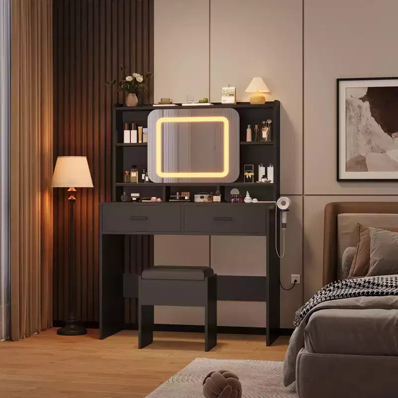 Schminktisch mit Schiebespiegel und Beleuchtung - Schminktisch mit Hocker, Ladestation, Schubladen und Regalen für das Schlafzimmer