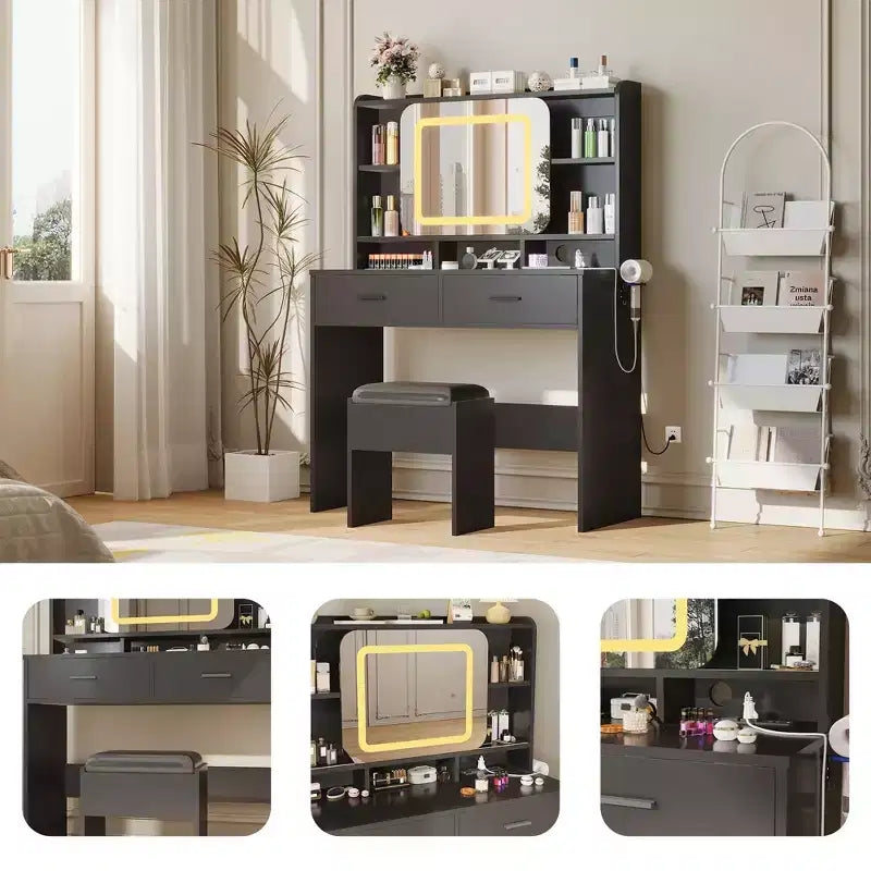 Schminktisch mit Schiebespiegel und Beleuchtung - Schminktisch mit Hocker, Ladestation, Schubladen und Regalen für das Schlafzimmer