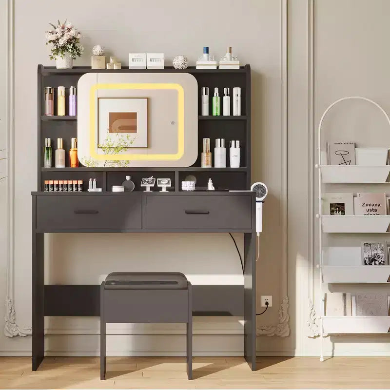 Schminktisch mit Schiebespiegel und Beleuchtung - Schminktisch mit Hocker, Ladestation, Schubladen und Regalen für das Schlafzimmer