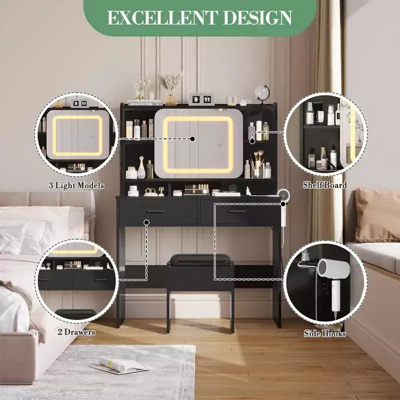 Schminktisch mit Schiebespiegel und Beleuchtung - Schminktisch mit Hocker, Ladestation, Schubladen und Regalen für das Schlafzimmer