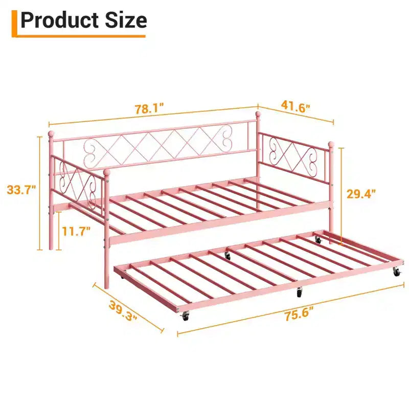 Cama diván metálica individual con cama nido y cabecero en forma de corazón, estructura de sofá cama con listones de acero, cama para invitados que ahorra espacio, para dormitorio, fácil de montar