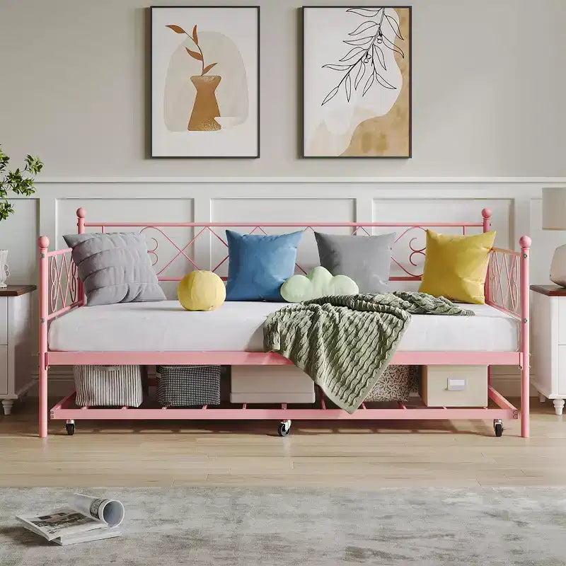 Cama diván metálica individual con cama nido y cabecero en forma de corazón, estructura de sofá cama con listones de acero, cama para invitados que ahorra espacio, para dormitorio, fácil de montar