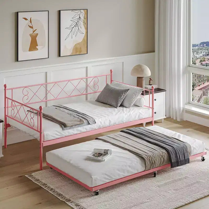 Cama diván metálica individual con cama nido y cabecero en forma de corazón, estructura de sofá cama con listones de acero, cama para invitados que ahorra espacio, para dormitorio, fácil de montar