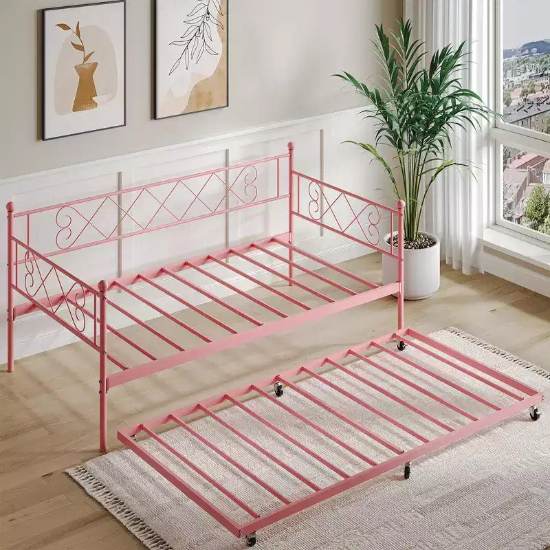 Cama diván metálica individual con cama nido y cabecero en forma de corazón, estructura de sofá cama con listones de acero, cama para invitados que ahorra espacio, para dormitorio, fácil de montar