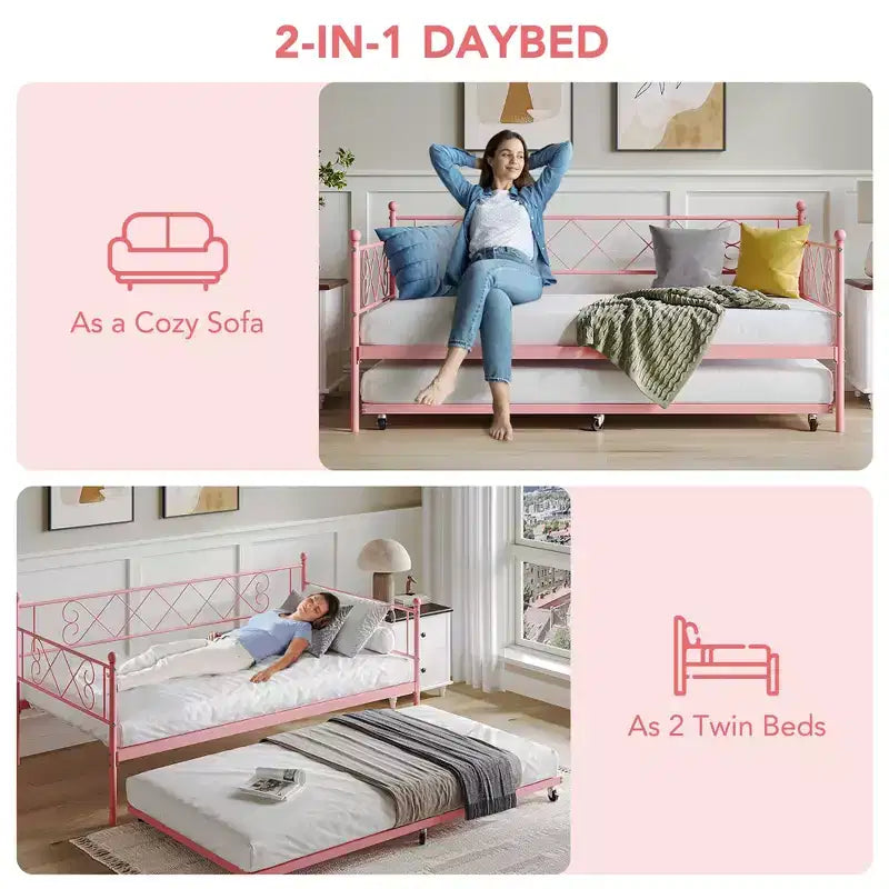 Cama diván metálica individual con cama nido y cabecero en forma de corazón, estructura de sofá cama con listones de acero, cama para invitados que ahorra espacio, para dormitorio, fácil de montar