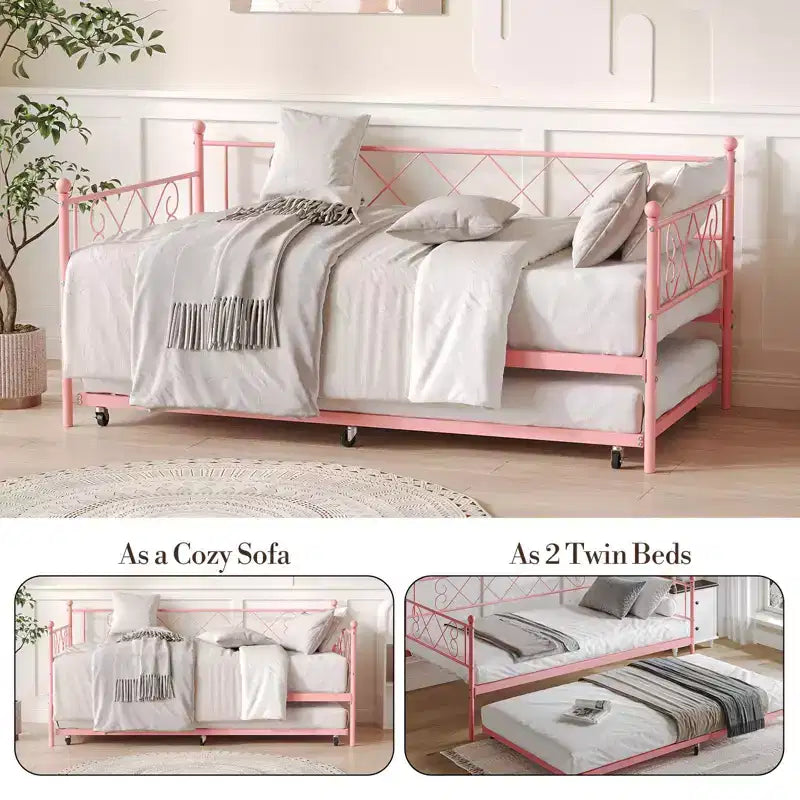 Cama diván metálica individual con cama nido y cabecero en forma de corazón, estructura de sofá cama con listones de acero, cama para invitados que ahorra espacio, para dormitorio, fácil de montar
