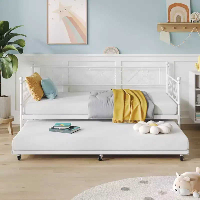 Cama diván metálica individual con cama nido y cabecero en forma de corazón, estructura de sofá cama con listones de acero, cama para invitados que ahorra espacio, para dormitorio, fácil de montar